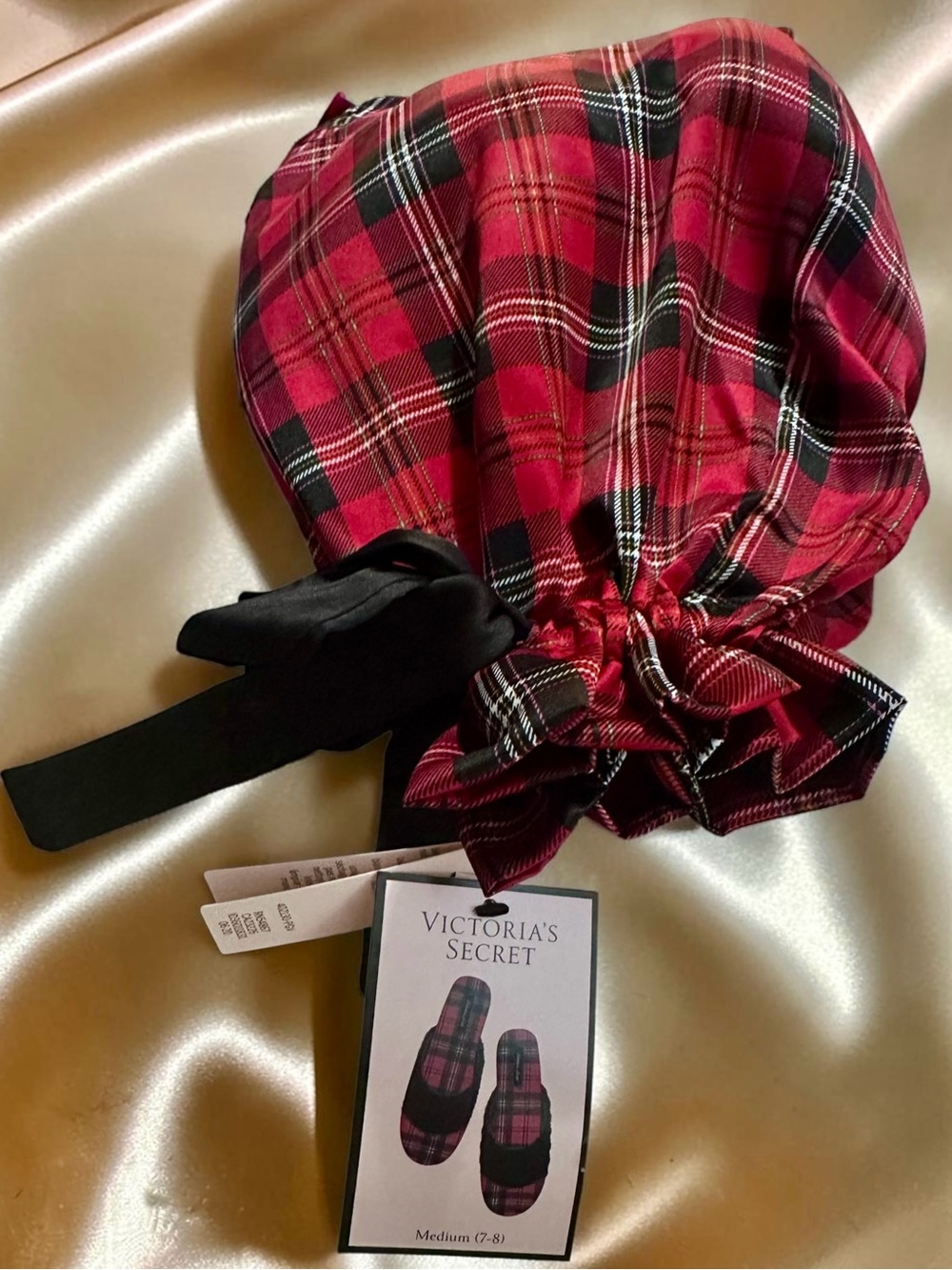 Victoria's Plaid Pajama Slippers With Matching Ribbon Slipper Bag